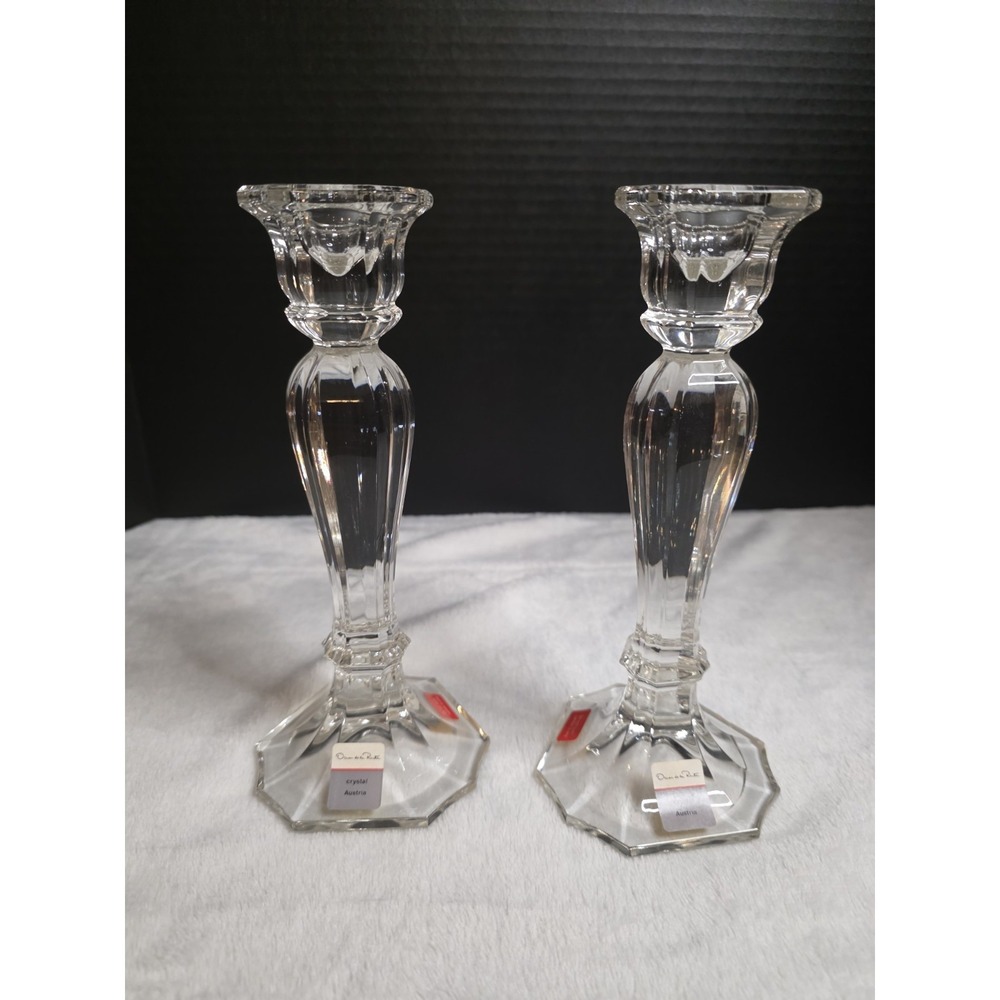 Oscar de‎ la Renta Crystal Candlesticks Set of 2 Austria Faceted Glass 8.5 Inch